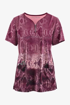 Easy STRETCH By Butter-Soft ™ Wild Border Wine Women's 4-Pocket Zip Curved Neck Printed Scrub Top