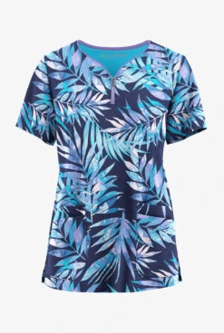 Easy Stretch By Butter-Soft Watercolor Tropical Women's 4-Pocket Zip Curved Neck Printed Scrub Top