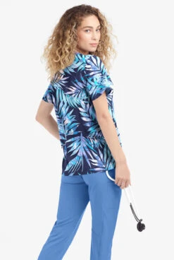 Easy Stretch By Butter-Soft Watercolor Tropical Women's 4-Pocket Zip Curved Neck Printed Scrub Top -Clinic Love Style TS4236WTNV 3