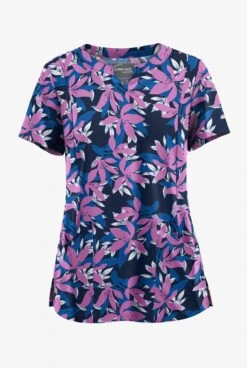 Butter-Soft STRETCH Happy Morning Floral Navy Women's 4-Pocket Notch Neck Print Scrub Top