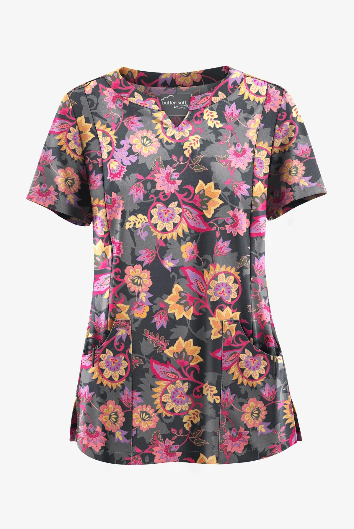 UA Butter-Soft STRETCH Jacobean Spring Pewter Women’s 4-Pocket Notch-Neck Printed Scrub Top 1 UA Butter-Soft STRETCH Jacobean Spring Pewter Women’s 4-Pocket Notch-Neck Printed Scrub Top