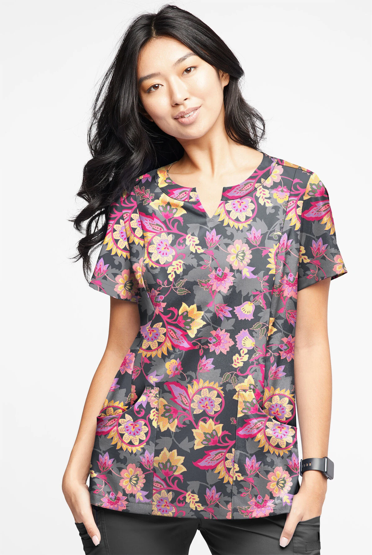 UA Butter-Soft STRETCH Jacobean Spring Pewter Women’s 4-Pocket Notch-Neck Printed Scrub Top 2 UA Butter-Soft STRETCH Jacobean Spring Pewter Women’s 4-Pocket Notch-Neck Printed Scrub Top - Image 2