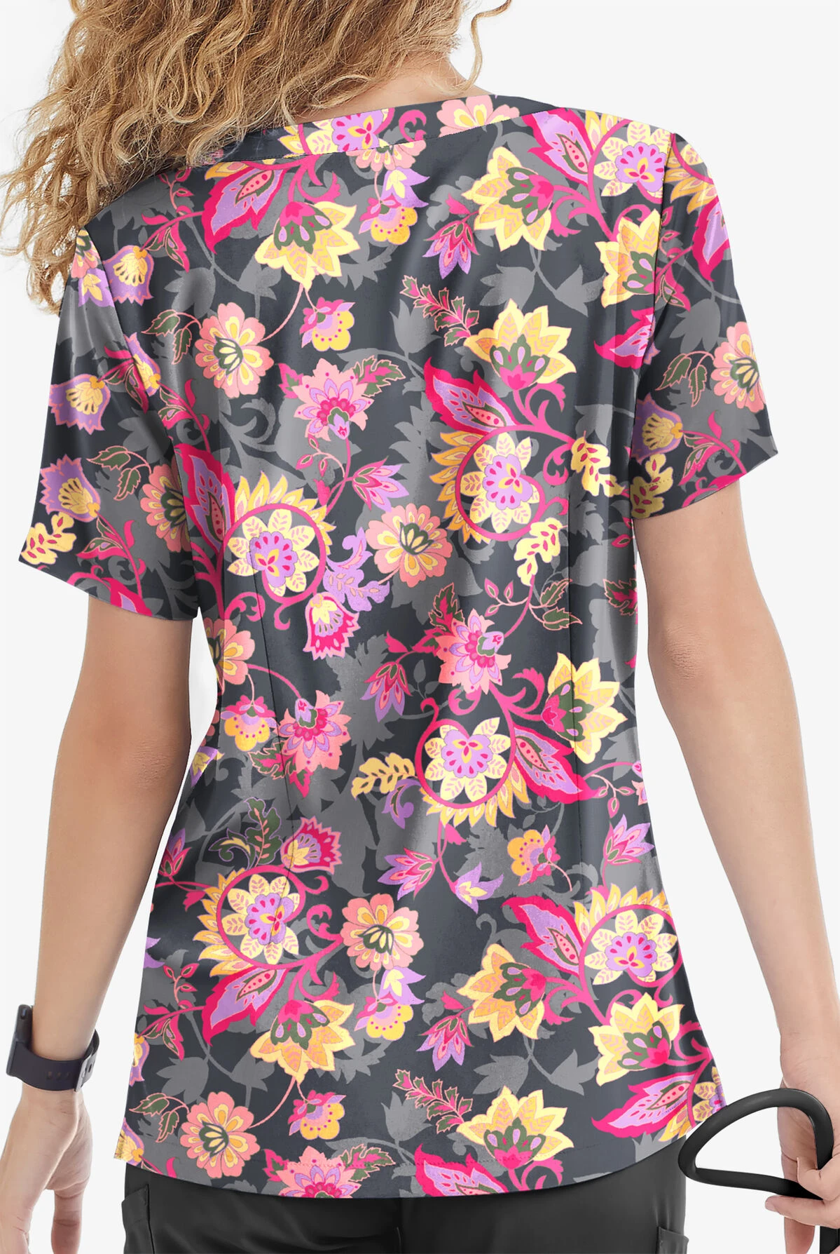 UA Butter-Soft STRETCH Jacobean Spring Pewter Women’s 4-Pocket Notch-Neck Printed Scrub Top 3 UA Butter-Soft STRETCH Jacobean Spring Pewter Women’s 4-Pocket Notch-Neck Printed Scrub Top - Image 3