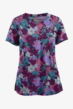 Butter-Soft STRETCH Layered Floral Navy Women's 4-Pocket Notch Neck Print Scrub Top