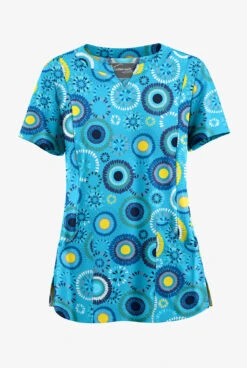 Butter-Soft STRETCH Odessa Floral Turquoise Women's 4-Pocket Notch Neck Print Scrub Top