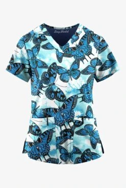 Easy Stretch By Butter-Soft Butterfly Oasis Women's 2-Pocket Mitered V-Neck Printed Scrub Top