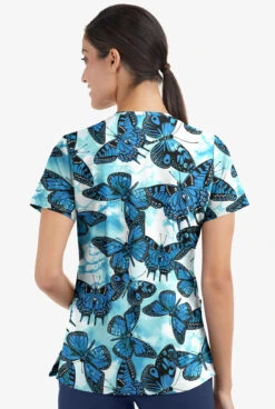 Easy Stretch By Butter-Soft Butterfly Oasis Women's 2-Pocket Mitered V-Neck Printed Scrub Top -Clinic Love Style TS434BOWT 3
