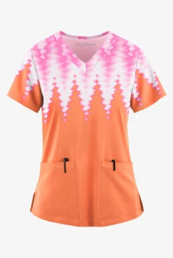 Easy STRETCH By Butter-Soft™ Dipped Coral Sunset Women's 2-Pocket V-Neck Print Scrub Top