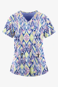 Easy STRETCH By Butter-Soft™ Enchanting Ikat White Printed Women's 2-Pocket V-Neck Scrub Top