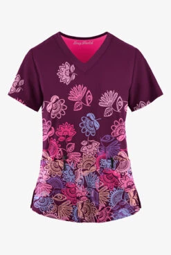Easy STRETCH By Butter-Soft™ Folkloric Floral Women's 2-Pocket Mitered V-Neck Printed Scrub Top