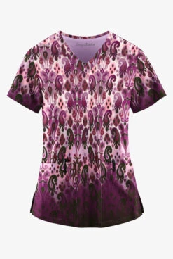 Easy STRETCH By Butter-Soft Gradient Ikat Eggplant Women's 2-Pocket V-Neck Print Scrub Top