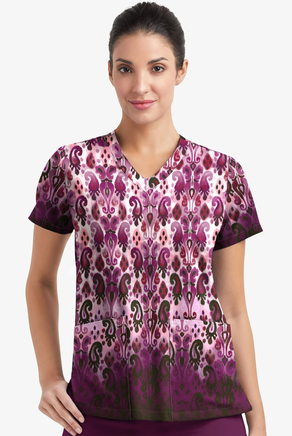 Easy STRETCH By Butter-Soft Gradient Ikat Eggplant Women's 2-Pocket V-Neck Print Scrub Top 2 Easy STRETCH By Butter-Soft Gradient Ikat Eggplant Women's 2-Pocket V-Neck Print Scrub Top - Image 2