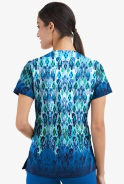 Easy STRETCH By Butter-Soft™ Gradient Ikat Navy Women's 2-Pocket Mitered V-Neck Print Scrub Top -Clinic Love Style TS434GINV 3