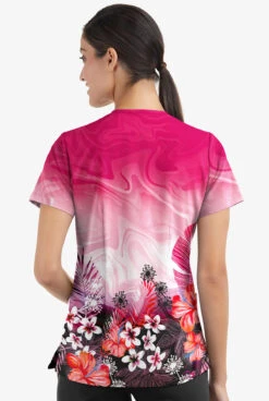 Easy Stretch By Butter-Soft Honolulu Garden Women's 2-Pocket Mitered V-Neck Printed Scrub Top -Clinic Love Style TS434HGBL 3