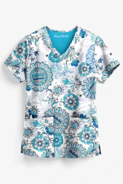 Easy STRETCH By Butter-Soft™ Neon Floral Women's 2-Pocket V-Neck Print Scrub Top