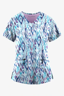 Easy STRETCH By Butter-Soft Rotterdam Ikat Turquoise Women's 2-Pocket V-Neck Print Scrub Top