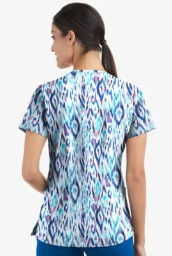 Easy STRETCH By Butter-Soft Rotterdam Ikat Turquoise Women's 2-Pocket V-Neck Print Scrub Top -Clinic Love Style TS434RITQ 3