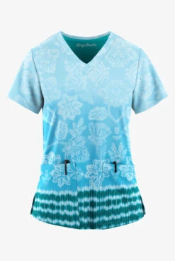 Easy STRETCH By Butter-Soft™ Tinted Blossoms Turquoise Women's 2-Pocket V-Neck Print Scrub Top