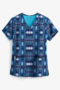 Easy STRETCH By Butter-Soft™ Whispering Ikat Women's 2-Pocket Print Scrub Top