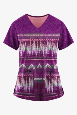 Easy STRETCH By Butter-Soft Woodblock Paisley Eggplant Women's 2-Pocket V-Neck Print Scrub Top