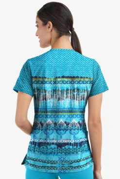 Easy STRETCH By Butter-Soft Woodblock Paisley Turquoise Women's 2-Pocket V-Neck Print Scrub Top -Clinic Love Style TS434WPTQ 3