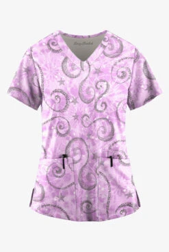Easy STRETCH By Butter-Soft Whimsical Sky Amethyst Mist Women's 2-Pocket V-Neck Print Scrub Top