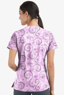 Easy STRETCH By Butter-Soft Whimsical Sky Amethyst Mist Women's 2-Pocket V-Neck Print Scrub Top -Clinic Love Style TS434WSAM 3