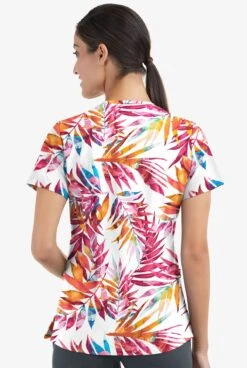 Easy Stretch By Butter-Soft Watercolor Tropical Women's 2-Pocket Mitered V-Neck Printed Scrub Top -Clinic Love Style TS434WTWT 100523 3