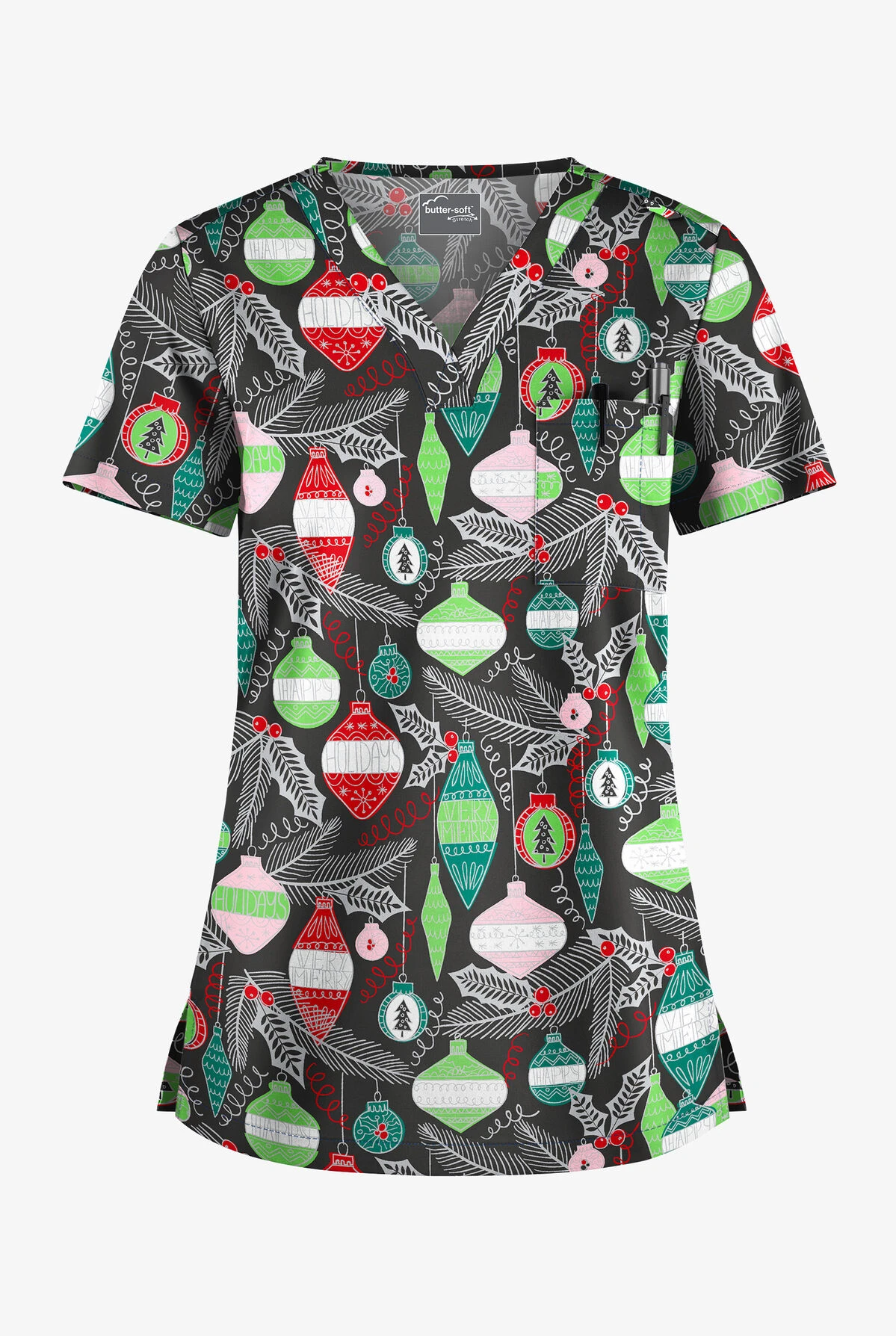 Butter-Soft Christmas Baubles Women's 1-Pocket V-Neck Tuck-In Print Scrub Top 1 Butter-Soft Christmas Baubles Women's 1-Pocket V-Neck Tuck-In Print Scrub Top