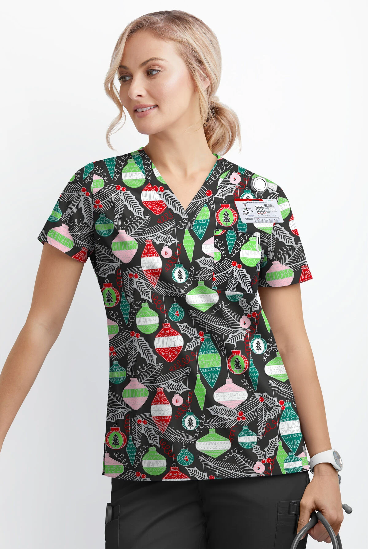 Butter-Soft Christmas Baubles Women's 1-Pocket V-Neck Tuck-In Print Scrub Top 2 Butter-Soft Christmas Baubles Women's 1-Pocket V-Neck Tuck-In Print Scrub Top - Image 2