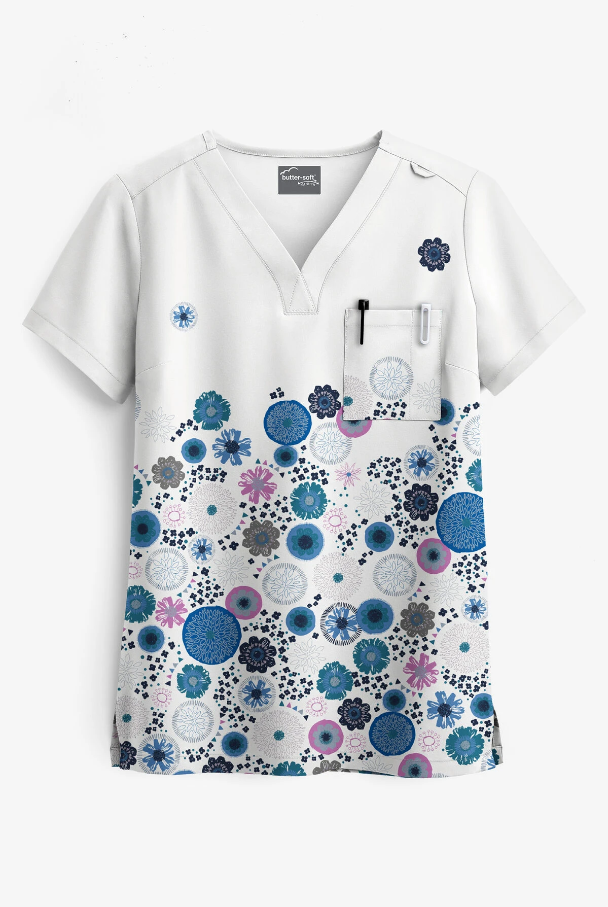 UA Butter-Soft STRETCH Dancing Floral Women's 1-Pocket Print Scrub Top 1 UA Butter-Soft STRETCH Dancing Floral Women's 1-Pocket Print Scrub Top