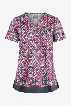 UA Butter-Soft STRETCH Day Dance Pewter Women's 1-Pocket V-Neck Print Scrub Top