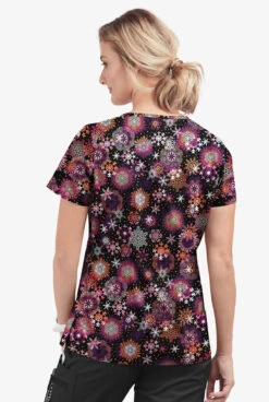 Butter-Soft Dazzling Snowflakes Women's 1-Pocket V-Neck Tuck-In Print Scrub Top -Clinic Love Style TS452DSBL 3
