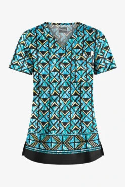 UA Butter-Soft STRETCH Day Dance Black Printed Women's 1-Pocket V-Neck Scrub Top