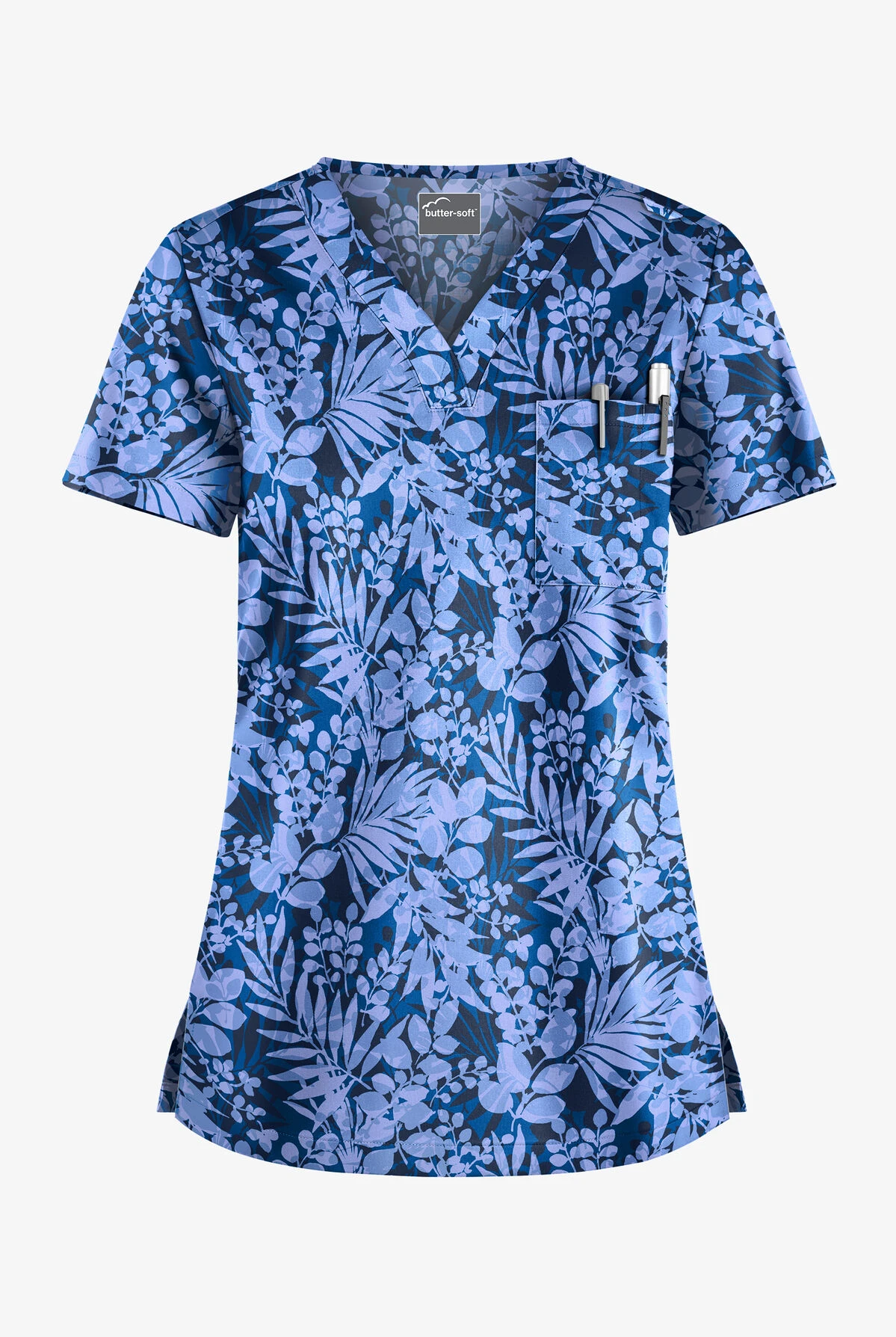 Butter-Soft Exotic Garden Royal Women's 1-Pocket V-Neck Tuck-In Print Scrub Top 1 Butter-Soft Exotic Garden Royal Women's 1-Pocket V-Neck Tuck-In Print Scrub Top