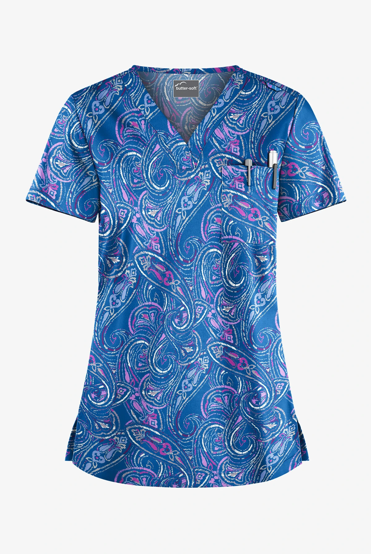 Butter-Soft Elegant Paisley Royal Women's 1-Pocket V-Neck Tuck-In Print Scrub Top 1 Butter-Soft Elegant Paisley Royal Women's 1-Pocket V-Neck Tuck-In Print Scrub Top