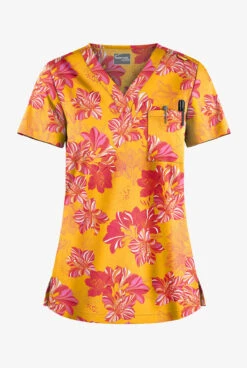 UA Butter-Soft STRETCH Garden Lilies Pineapple Women's 1-Pocket V-Neck Print Scrub Top