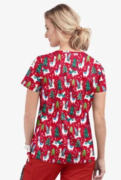 Butter-Soft Holiday Llamas Red Women's 1-Pocket V-Neck Tuck-In Print Scrub Top -Clinic Love Style TS452HLRD 3