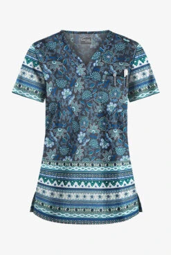UA Butter-Soft STRETCH Jacobean Border Pewter Women's 1-Pocket V-Neck Tuck-In Print Scrub Top