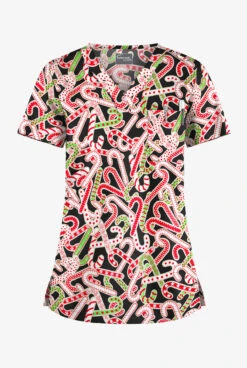 Butter-Soft Noel Candy Canes Women's 1-Pocket V-Neck Tuck-In Print Scrub Top