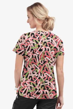 Butter-Soft Noel Candy Canes Women's 1-Pocket V-Neck Tuck-In Print Scrub Top -Clinic Love Style TS452NCBL 3