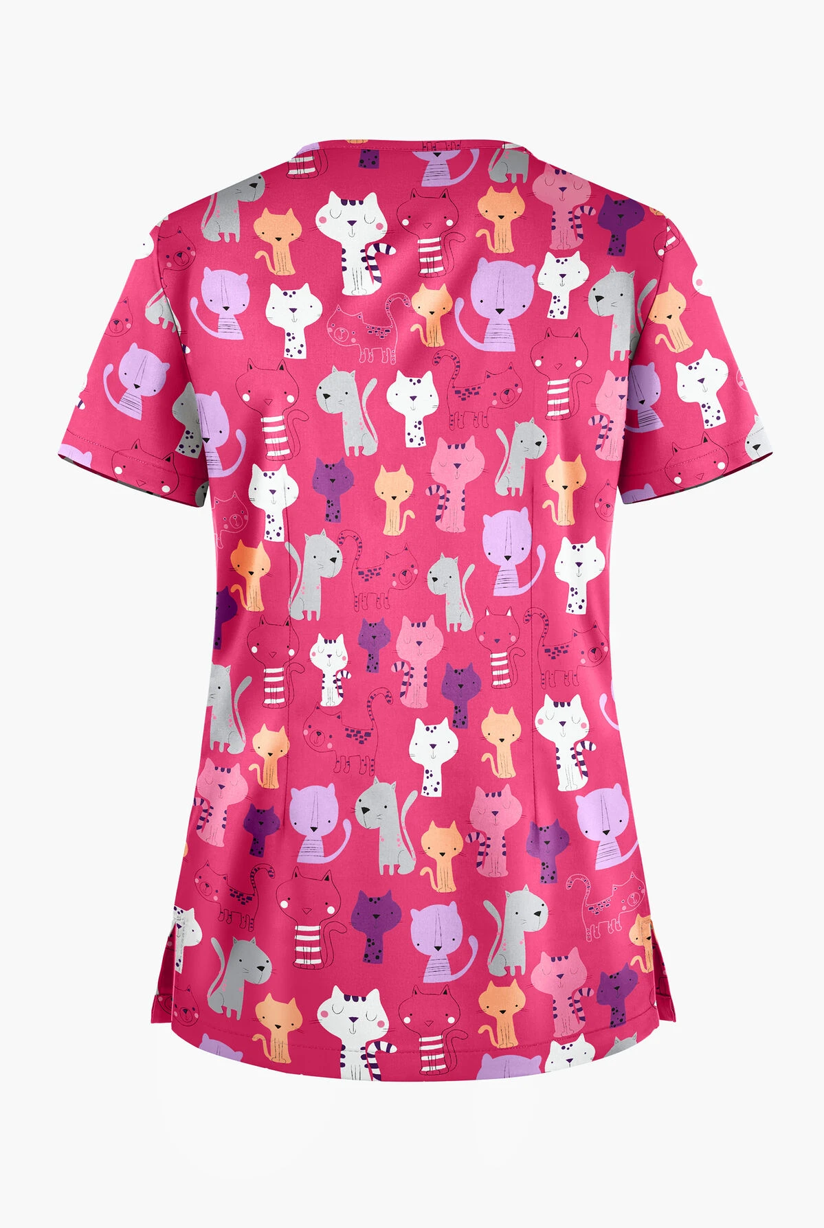 Butter-Soft Paris Cats Fuchsia Women's 1-Pocket V-Neck Tuck-In Print Scrub Top 2 Butter-Soft Paris Cats Fuchsia Women's 1-Pocket V-Neck Tuck-In Print Scrub Top - Image 2