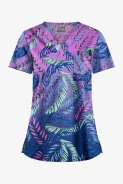 UA Butter-Soft STRETCH Palm Fronds Aqua Moon Women's 1-Pocket V-Neck Print Scrub Top