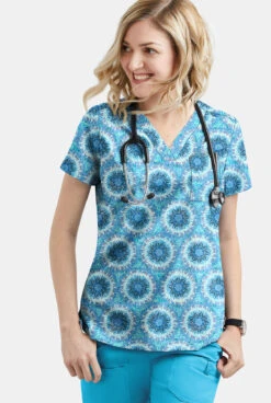 UA Butter-Soft STRETCH Splash Of Geo Aqua Moon Women's 1-Pocket V-Neck Print Scrub Top -Clinic Love Style TS452SGQ 3 S