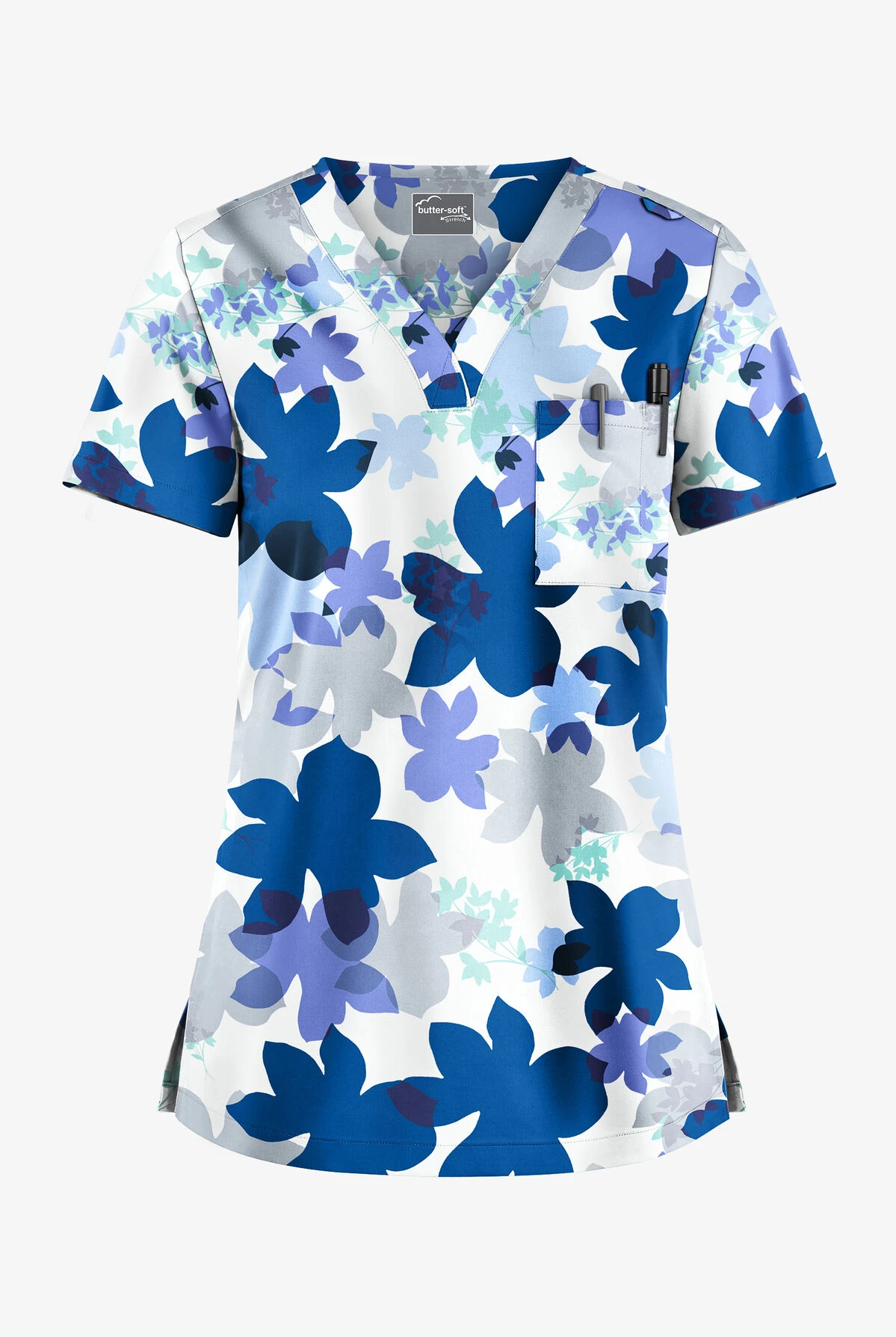 UA Butter-Soft STRETCH Floral Shades White Printed Women's 1-Pocket V-Neck Scrub Top 1 UA Butter-Soft STRETCH Floral Shades White Printed Women's 1-Pocket V-Neck Scrub Top