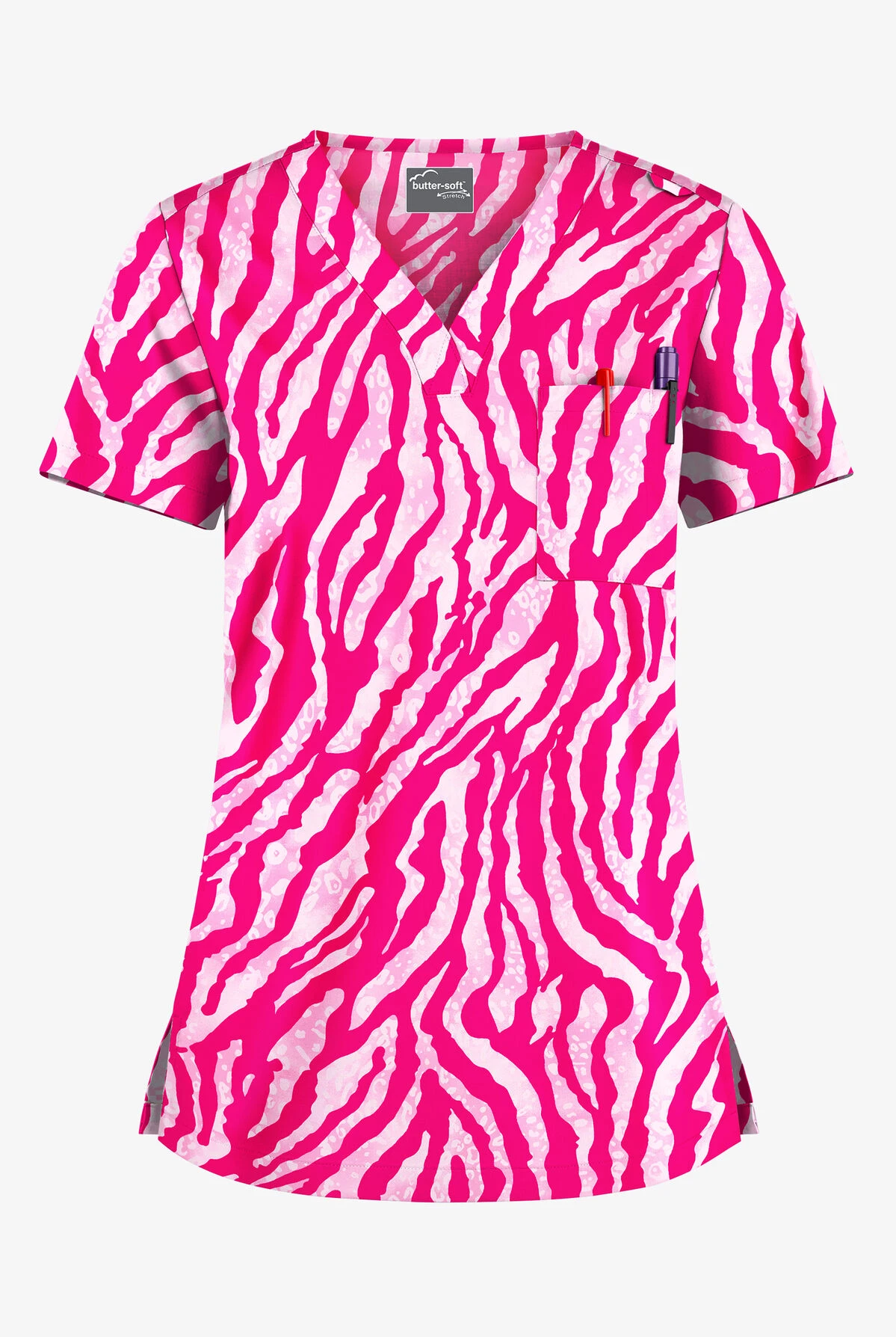 UA Butter-Soft STRETCH Tiger Fantasy Fuchsia Women's 1-Pocket V-Neck Tuck-In Printed Scrub Top 1 UA Butter-Soft STRETCH Tiger Fantasy Fuchsia Women's 1-Pocket V-Neck Tuck-In Printed Scrub Top
