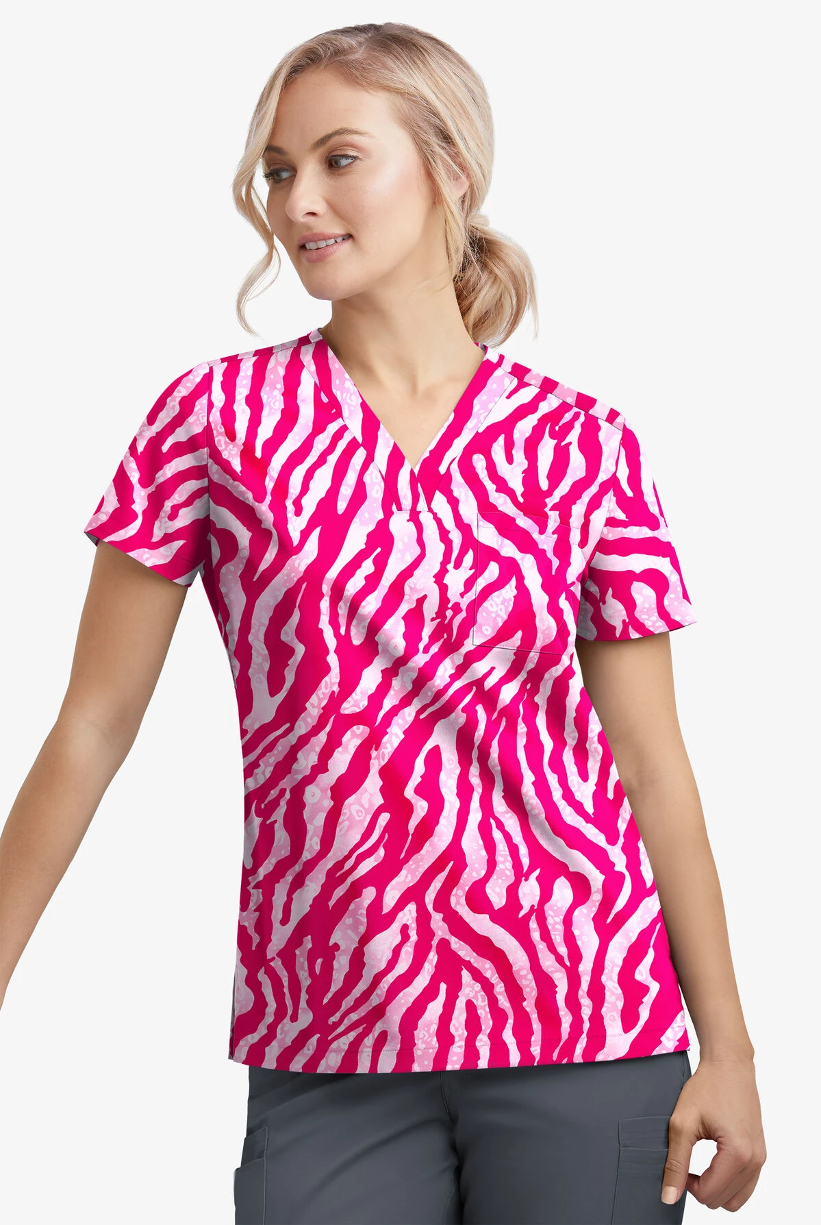 UA Butter-Soft STRETCH Tiger Fantasy Fuchsia Women's 1-Pocket V-Neck Tuck-In Printed Scrub Top 2 UA Butter-Soft STRETCH Tiger Fantasy Fuchsia Women's 1-Pocket V-Neck Tuck-In Printed Scrub Top - Image 2