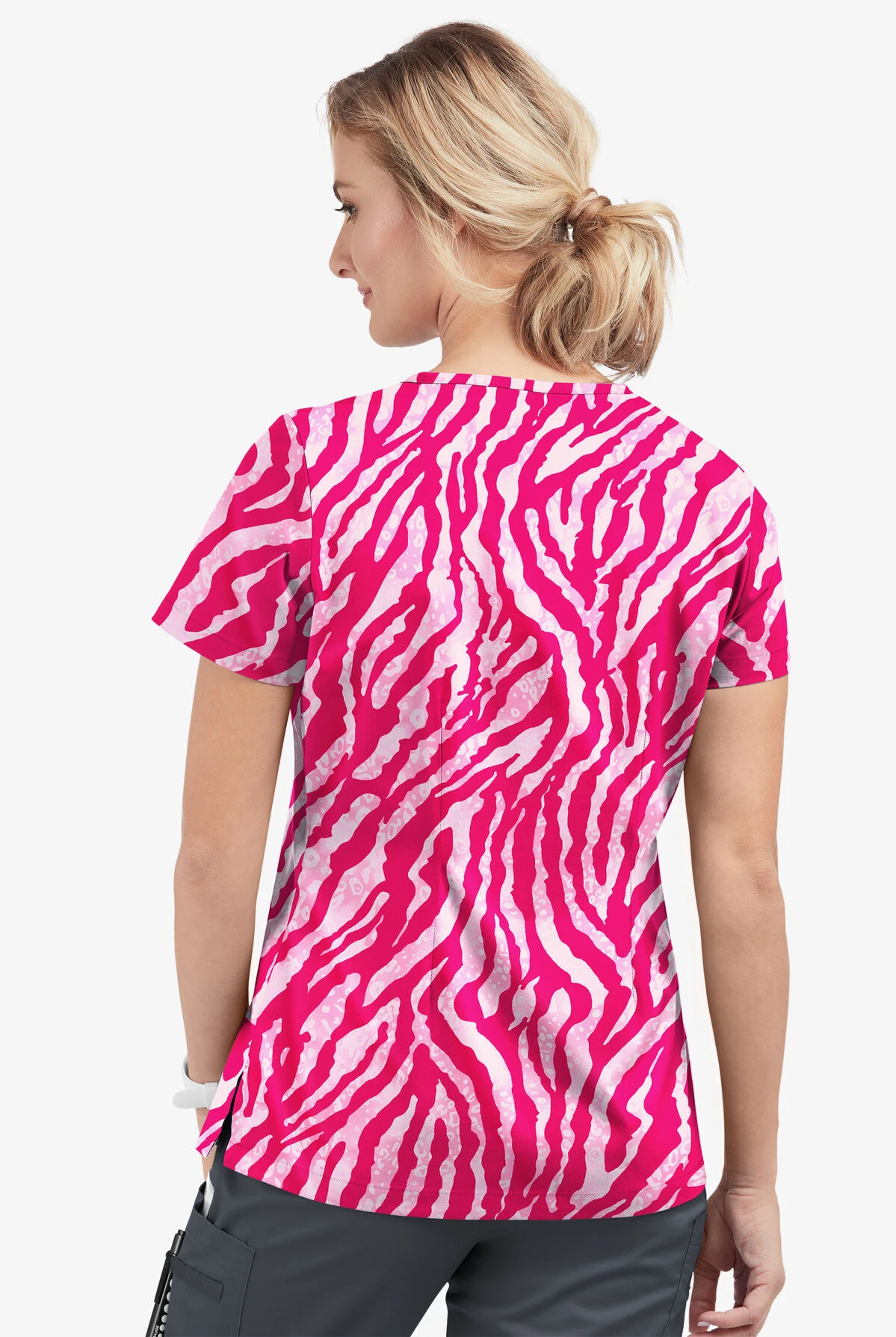UA Butter-Soft STRETCH Tiger Fantasy Fuchsia Women's 1-Pocket V-Neck Tuck-In Printed Scrub Top 3 UA Butter-Soft STRETCH Tiger Fantasy Fuchsia Women's 1-Pocket V-Neck Tuck-In Printed Scrub Top - Image 3