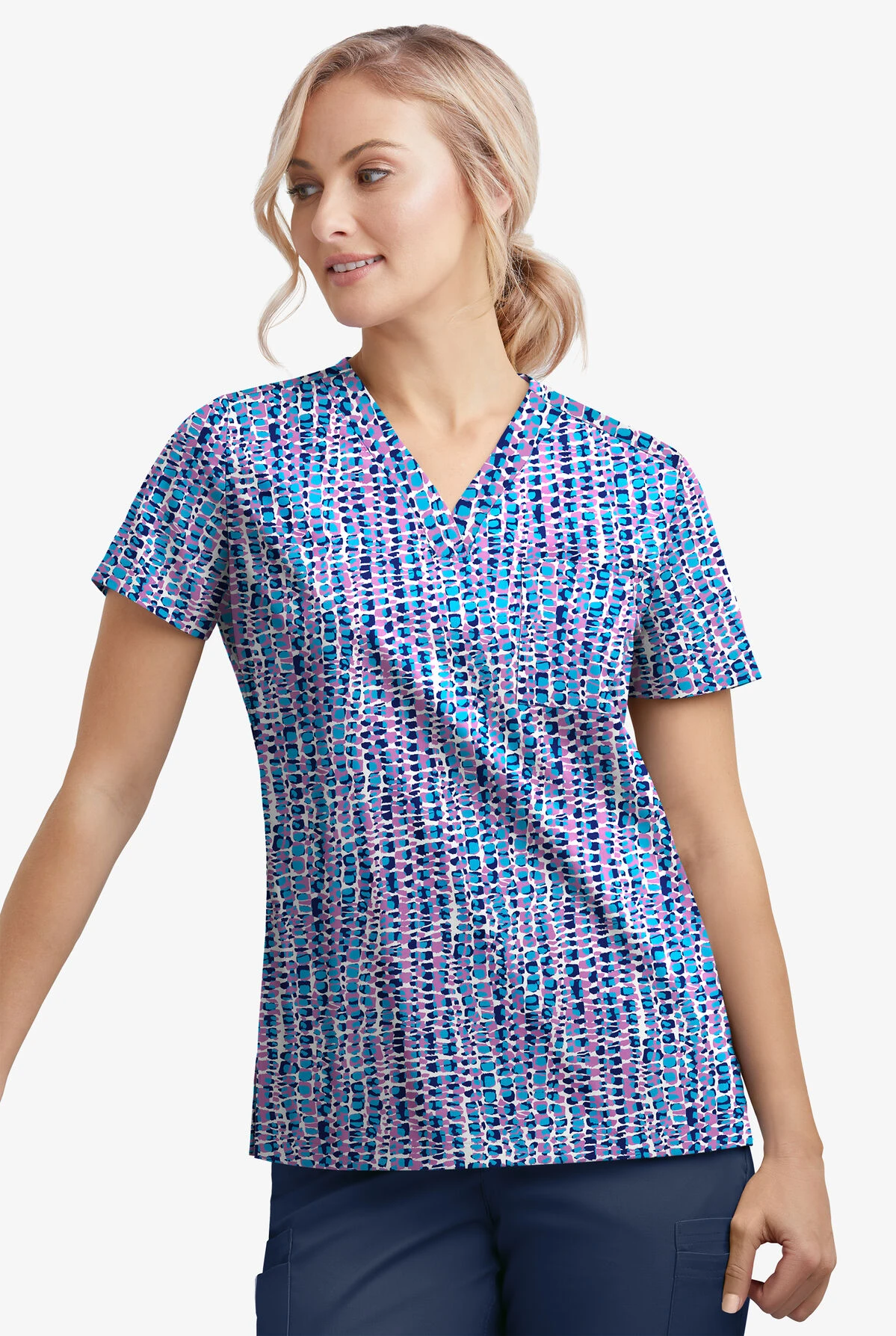 UA Butter-Soft STRETCH Urban Animal Orchid Women's 1-Pocket V-Neck Tuck-In Printed Scrub Top 2 UA Butter-Soft STRETCH Urban Animal Orchid Women's 1-Pocket V-Neck Tuck-In Printed Scrub Top - Image 2
