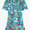 Butter-Soft X-Mas Coco Turquoise Women's 1-Pocket V-Neck Tuck-In Print Scrub Top